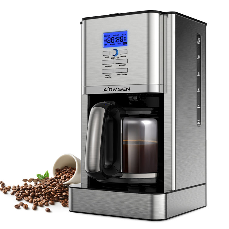 Airmsen 12 Cup Programmable Stainless Steel Drip Coffee Maker Built In Hot Preservation Board